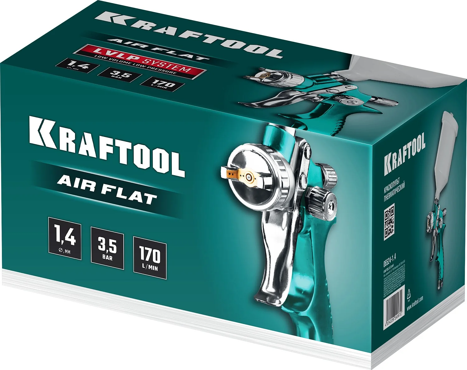 Пневматический краскопульт KRAFTOOL 06524-1.4 AirFlat, LVLP, 1.4 мм, с верхним бачком