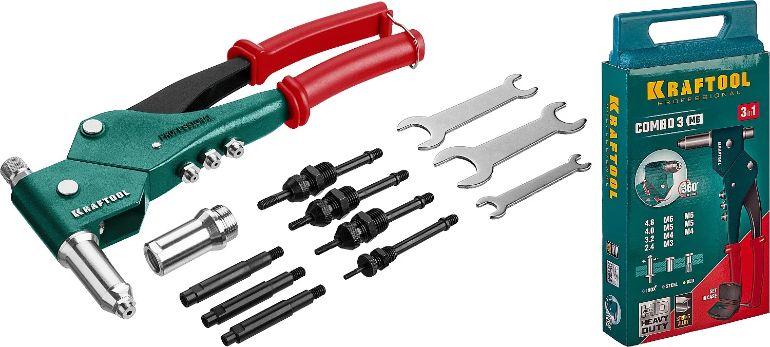 Заклепочник комбинированный поворотный KRAFTOOL 360°, 3 вида заклёпок, в кейсе (31178)