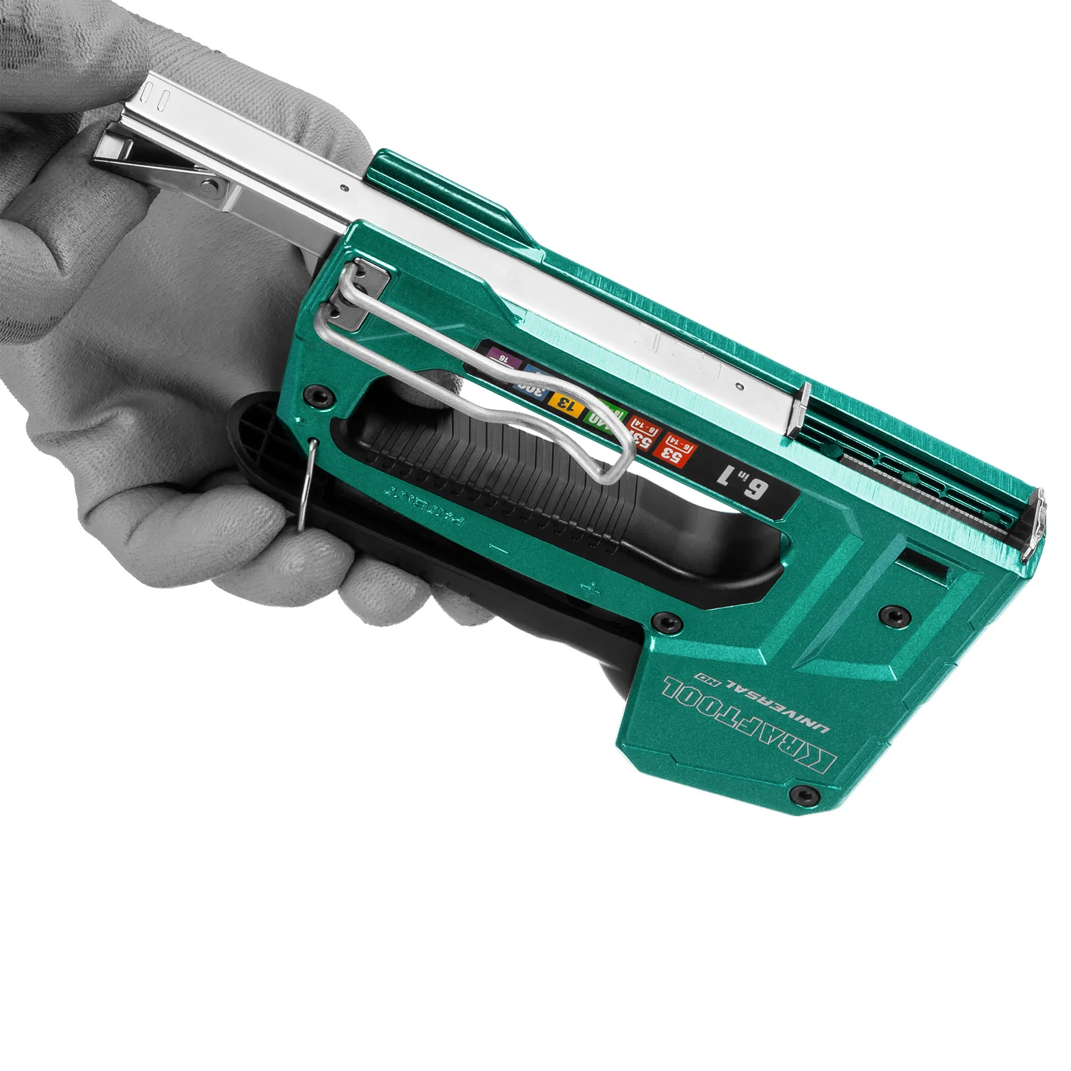 Степлер KRAFTOOL Universal-HD, 6-в-1: 53 (A/10/JT21) 23GA (6 - 14 мм)/140 (G/11/57) 20GA (8 - 14 мм)/13/53F/300/500, 