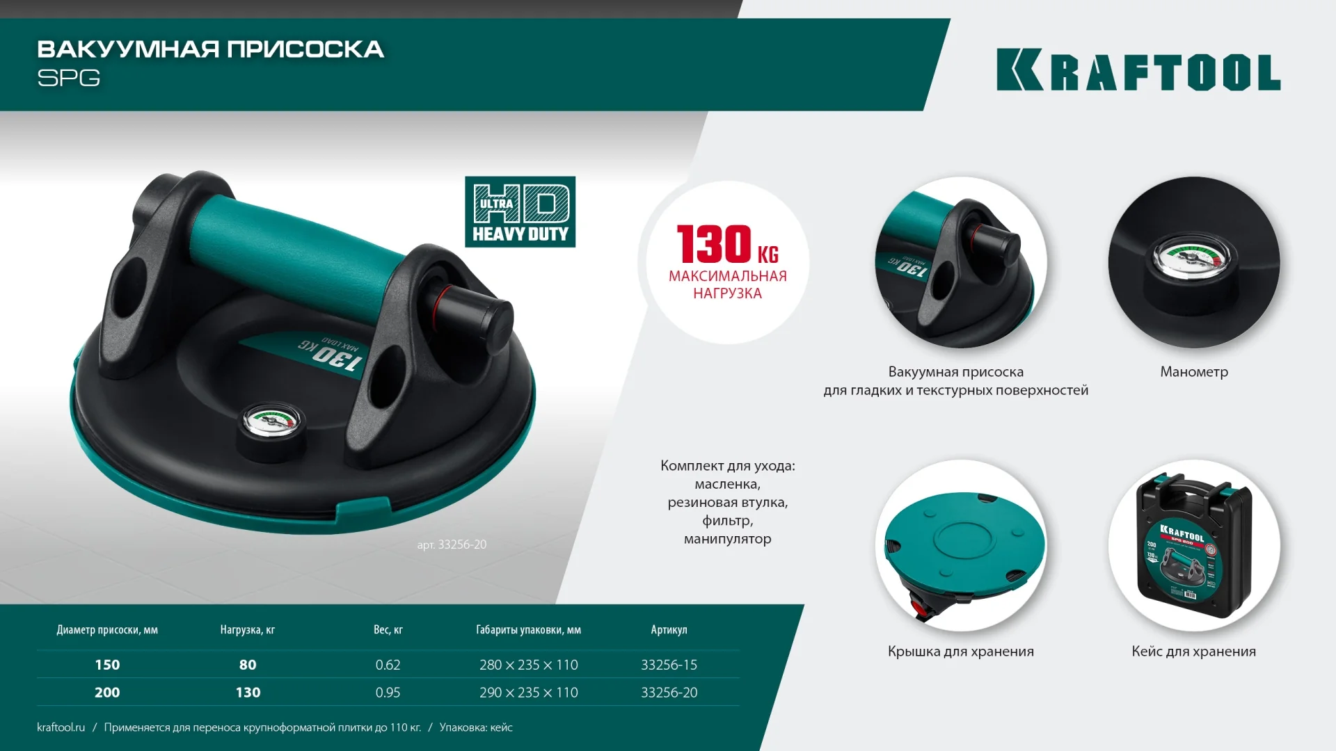 Присоска вакуумная с манометром KRAFTOOL 80 кг, 150 мм (33256-15)