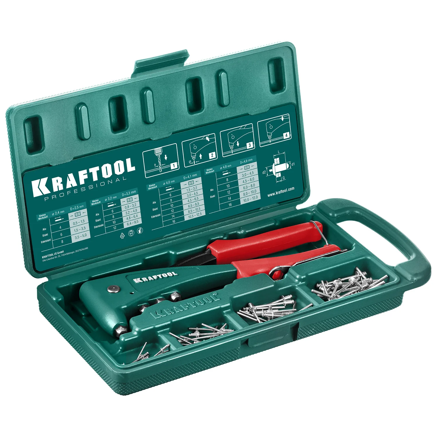Заклепочник литой KRAFTOOL 2.4 - 4.8 мм, удержание заклепки, в кейсе (31173-H6)