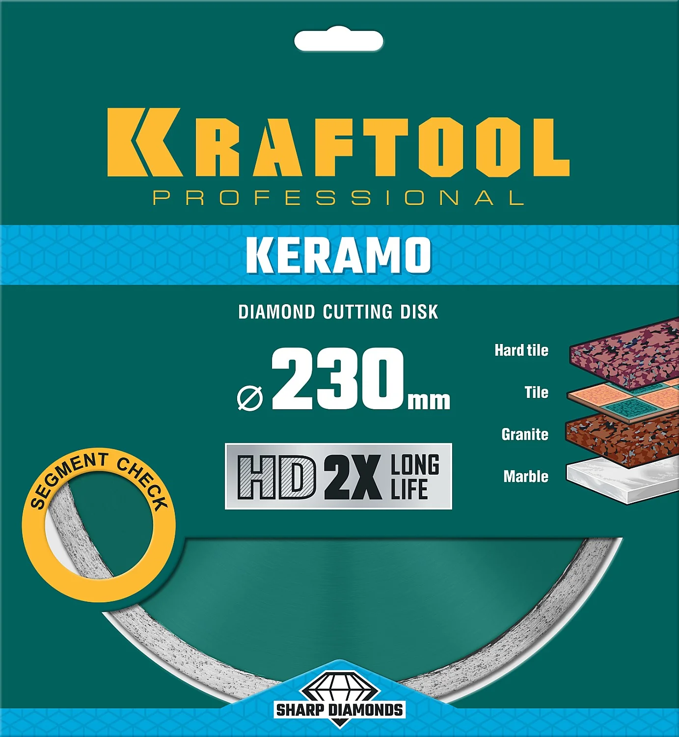 Сплошной алмазный диск KRAFTOOL 36684-230 KERAMO, 230 мм, (22.2 мм, 10 х 2.2 мм)