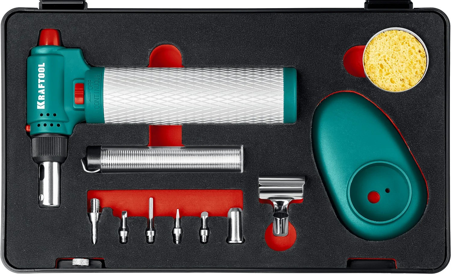 Паяльник газовый KRAFTOOL 30 - 150 Вт, 1300°С, набор 8 в 1: горелка, фен, пьезоподжиг (55506-H8)