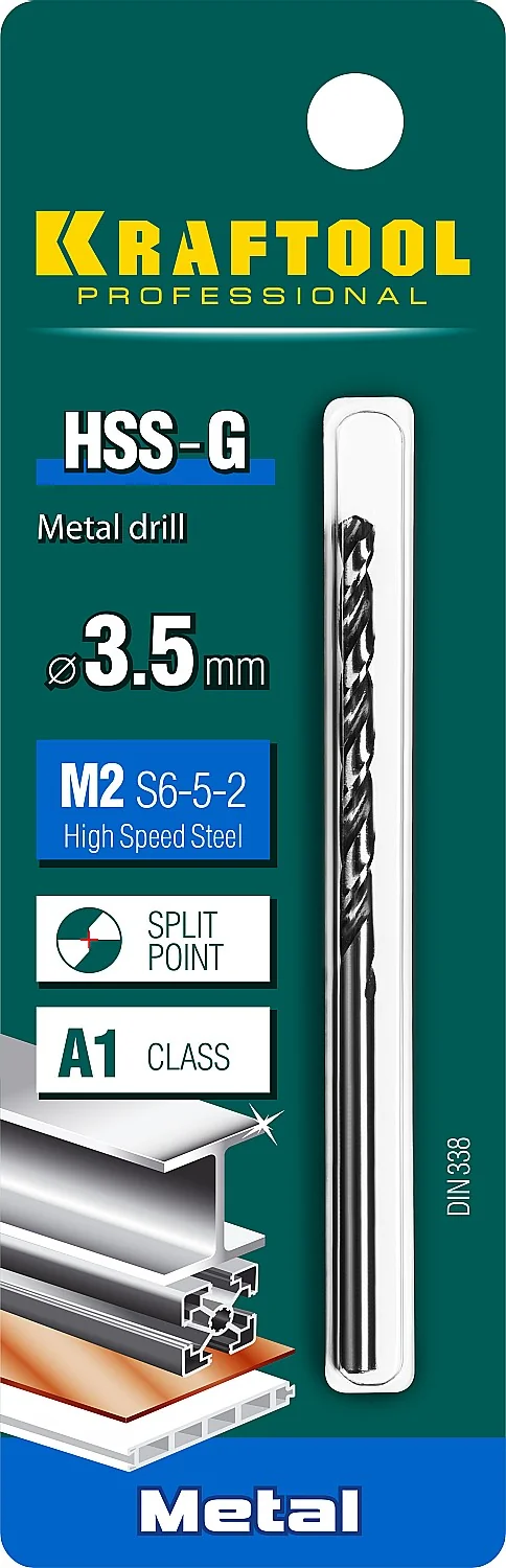 Сверло по металлу KRAFTOOL 29651-3.5 HSS-G, 3.5 х 70 мм, сталь P6M5