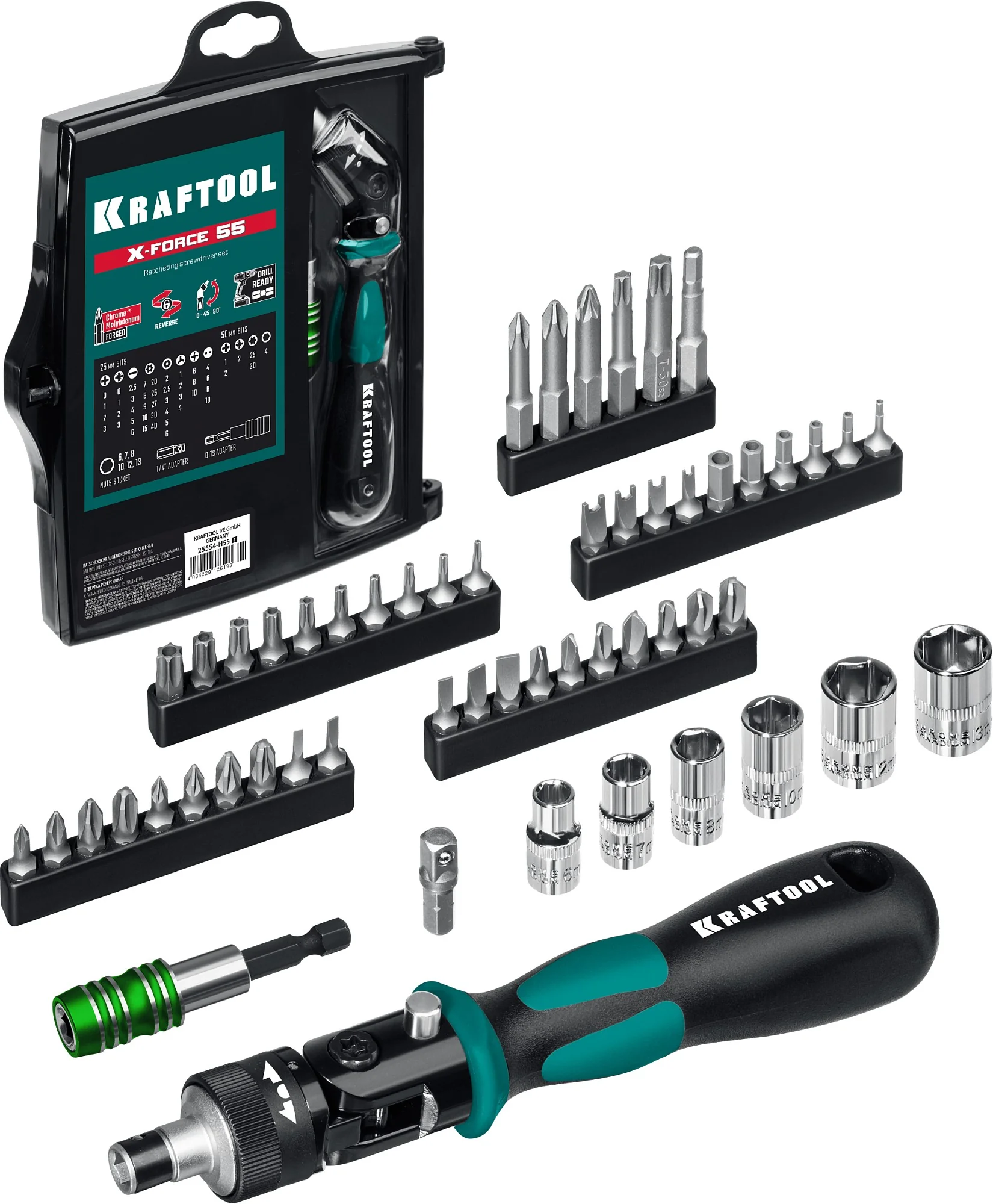 Реверсивная отвертка с насадками KRAFTOOL Expert-55, 55 предм. (25554-H55)