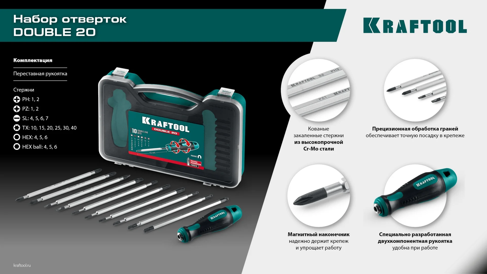 Набор: отвертка с переставными стержнями KRAFTOOL Double 20, 20 шт (25817)