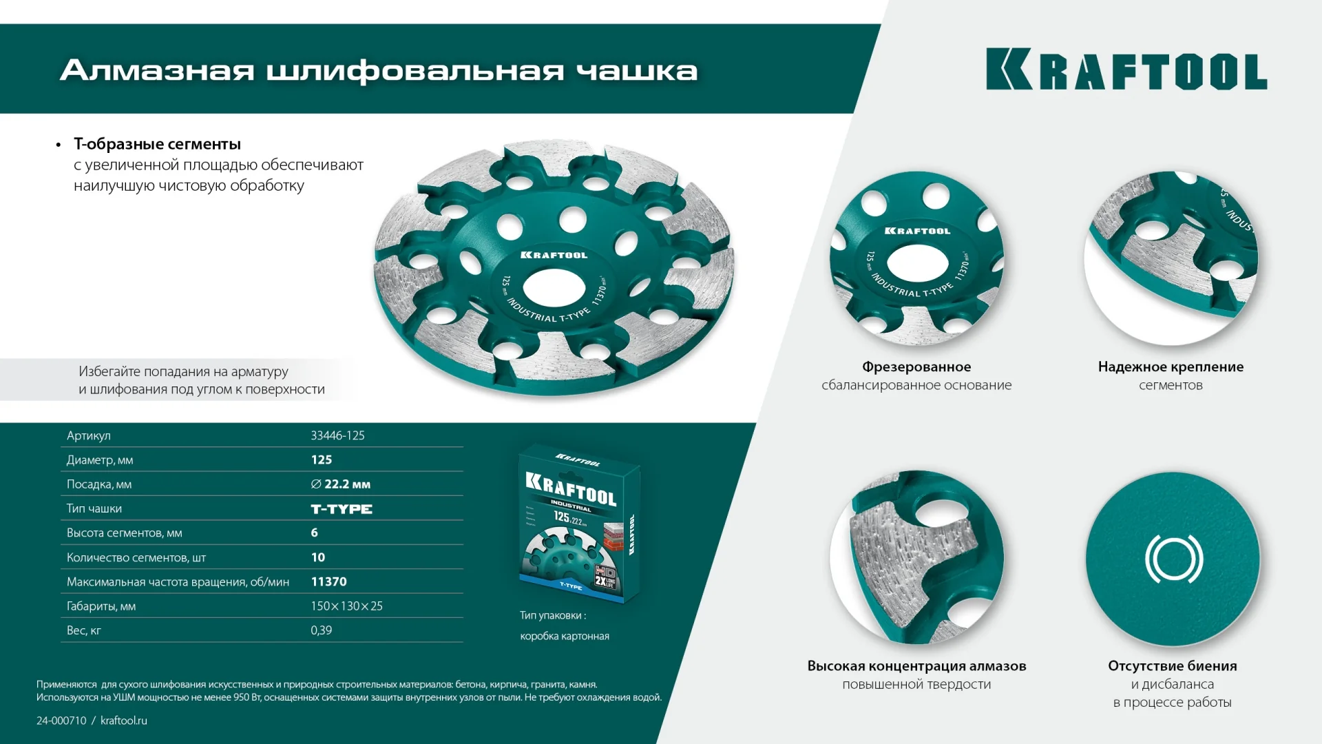 Сегментная алмазная чашка KRAFTOOL 33446-125 T-Type d 125 мм, INDUSTRIAL
