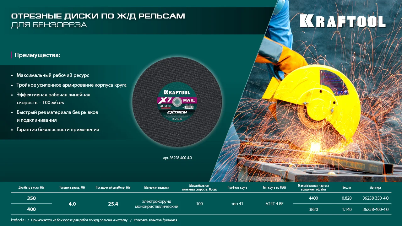 Отрезной диск для бензореза KRAFTOOL 36258-350-4.0 X7-EXTREM RAIL 350x4.0 / 25.4 мм по Ж/Д рельсам