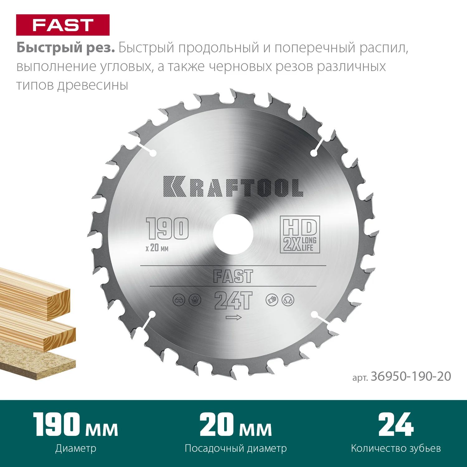 Пильный диск по дереву KRAFTOOL 36950-190-20 Fast, 190 х 20 мм, 24Т