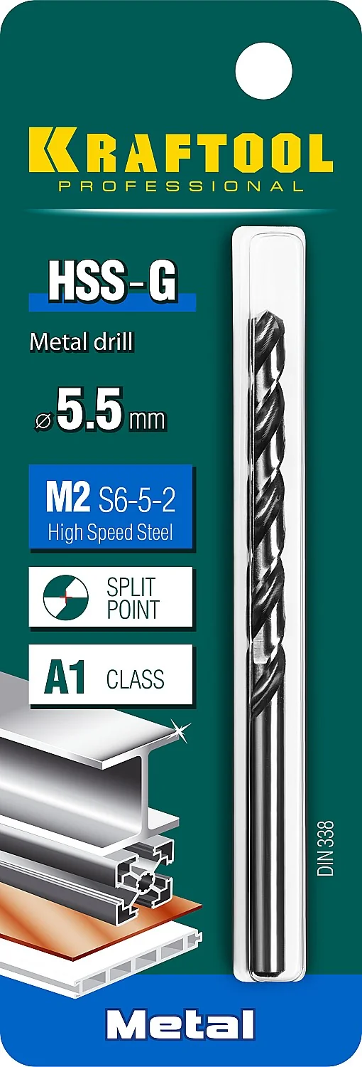 Сверло по металлу KRAFTOOL 29651-5.5 HSS-G, 5.5 х 93 мм, сталь P6M5