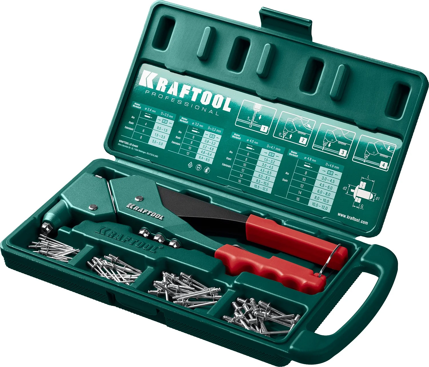 Заклепочник литой поворотный KRAFTOOL 360°, 2.4 - 4.8 мм, в кейсе (31176-H6)