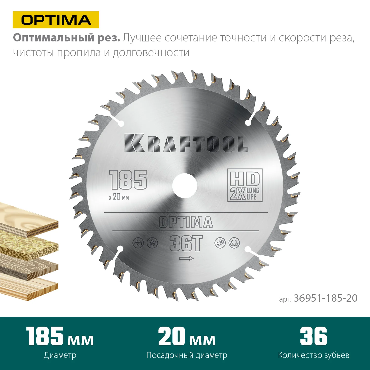 Пильный диск по дереву KRAFTOOL 36951-185-20 Optima, 185 х 20 мм, 36Т