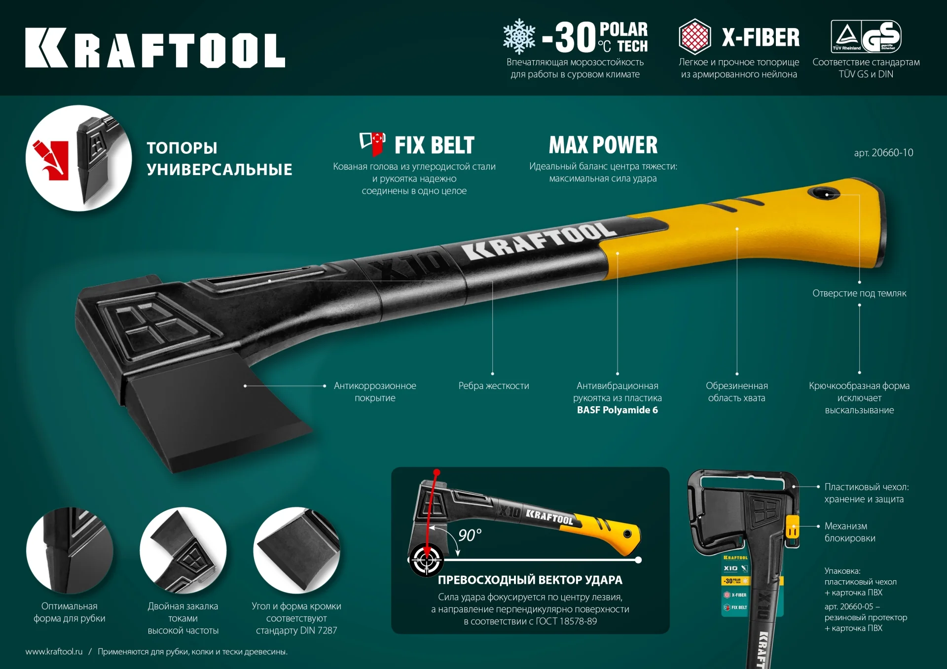 Универсальный топор KRAFTOOL X7, 640/715 г, 360 мм, в чехле (20660-07)