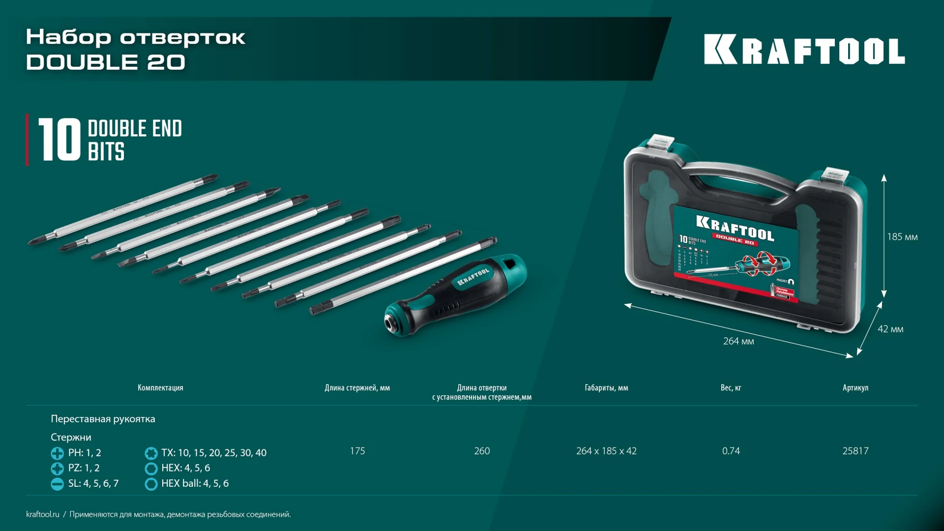 Набор: отвертка с переставными стержнями KRAFTOOL Double 20, 20 шт (25817)