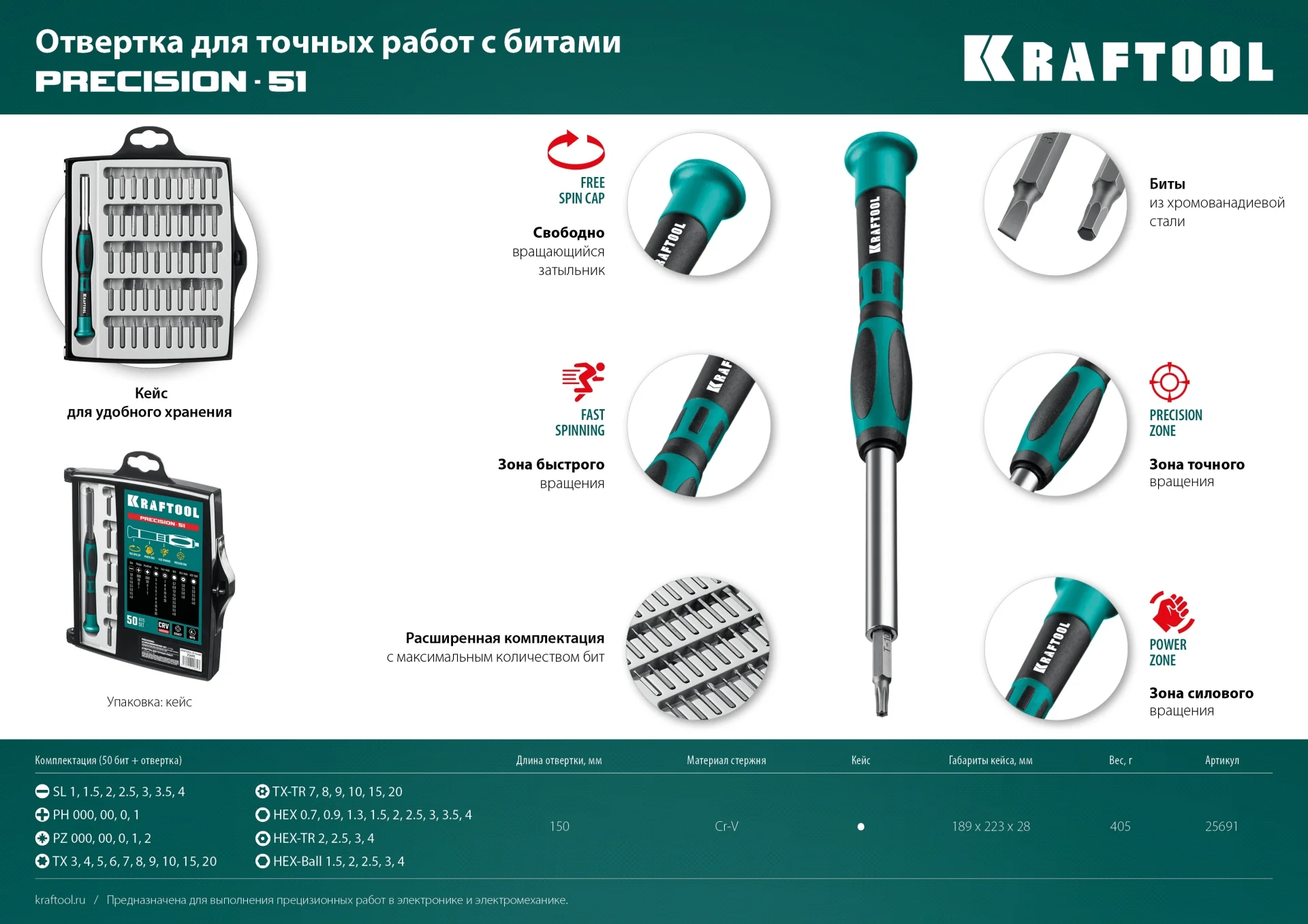 Отвертка для точных работ KRAFTOOL Precision-51, 51 предм. (25691)