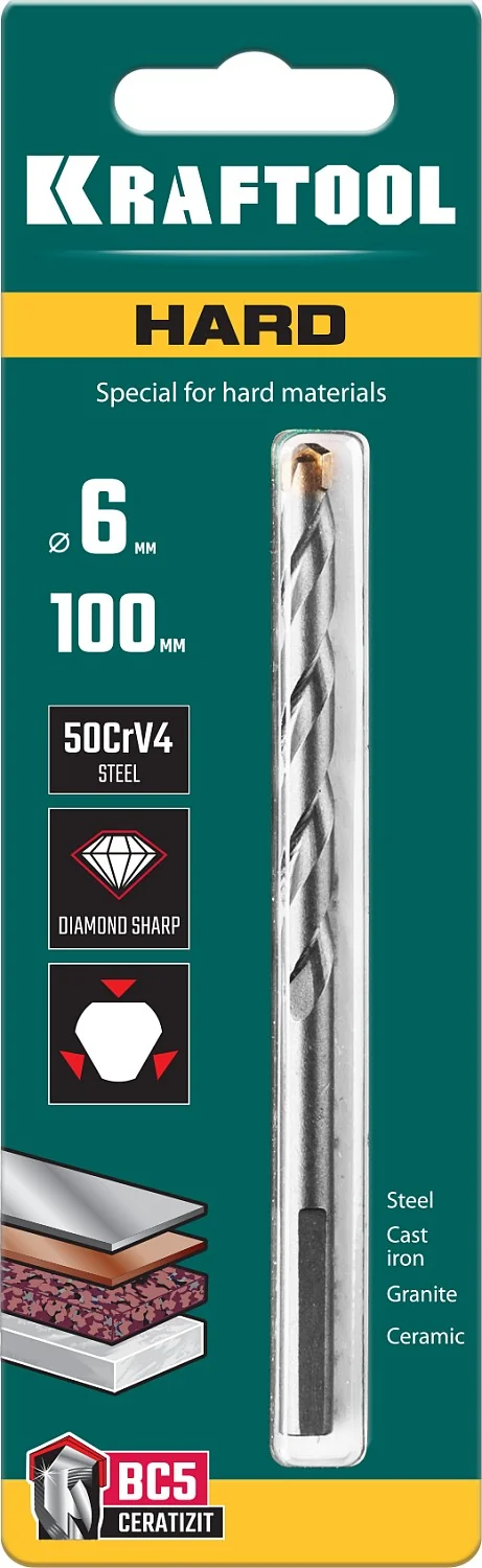 Сверло специальное по твёрдым материалам KRAFTOOL 29177-100-6 Hard, 6 х 100 мм, тв.сплав ВС5