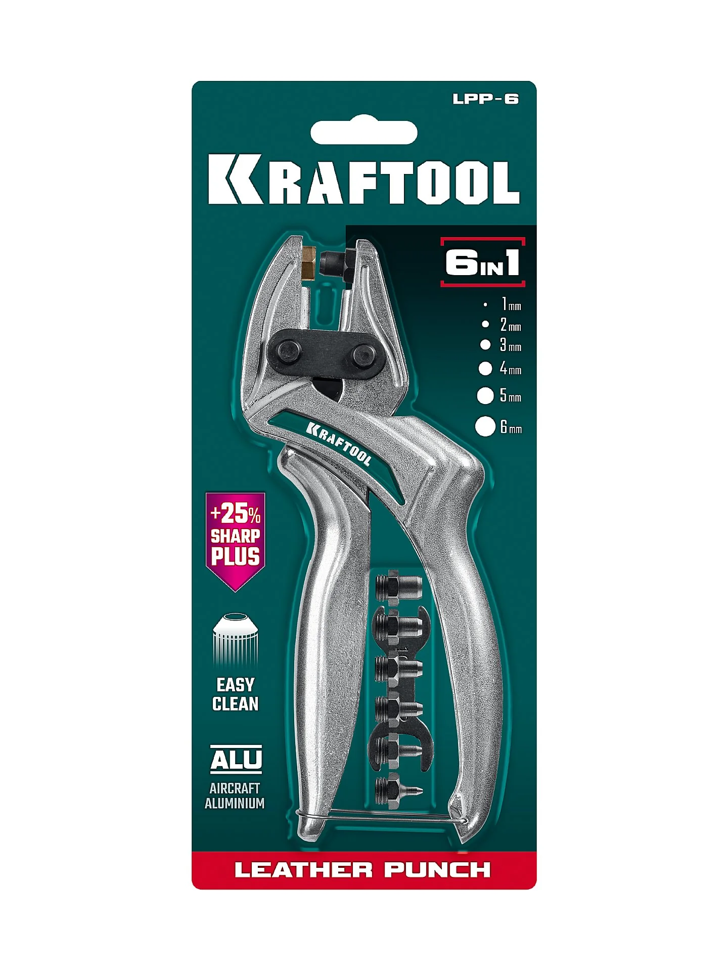 Дырокол KRAFTOOL LPP-6, с набором насадок 1-6 мм, мощный, для кожи (22952)