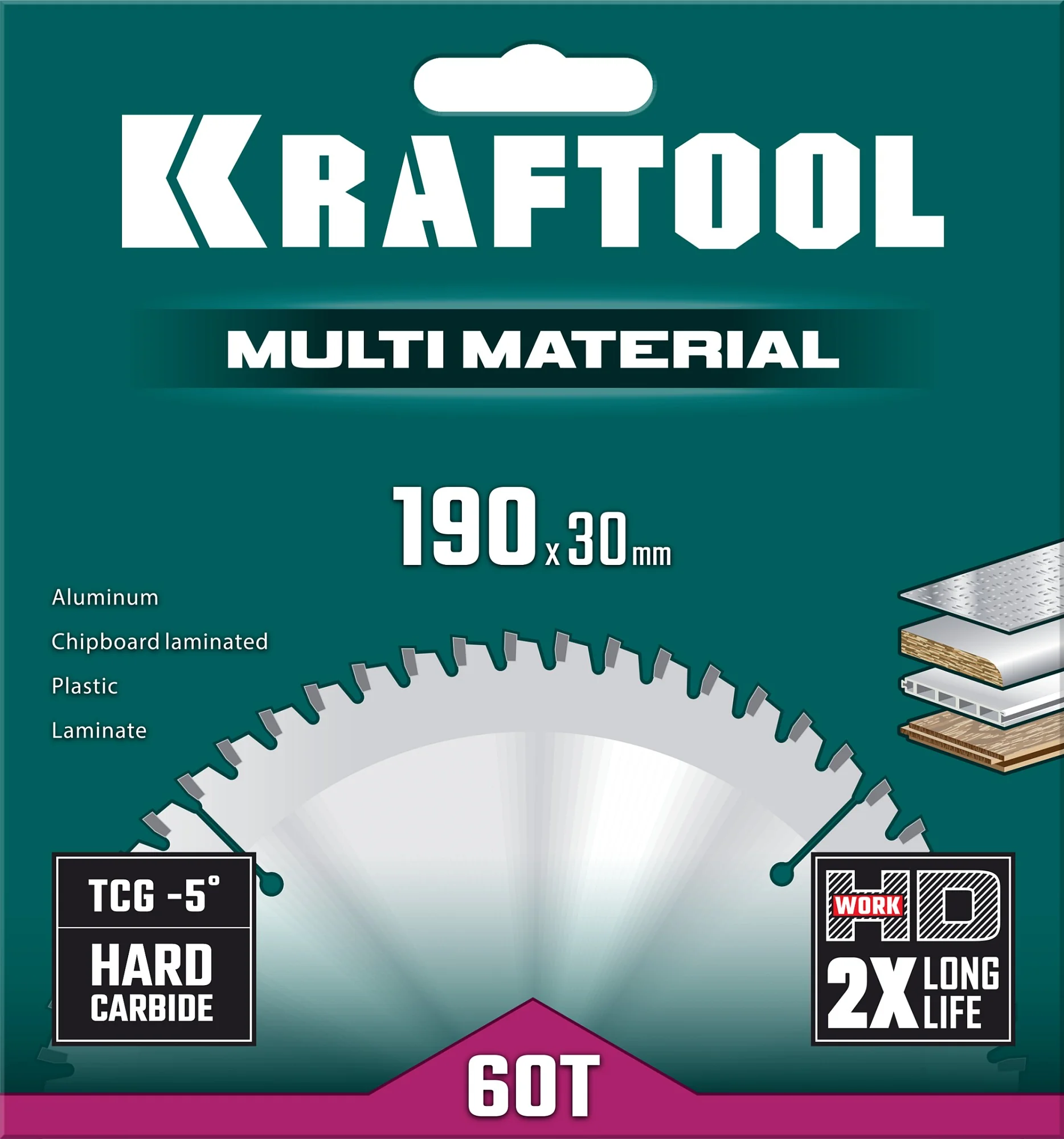 Пильный диск по алюминию KRAFTOOL 36953-190-30 Multi Material, 190 х 30 мм, 60Т