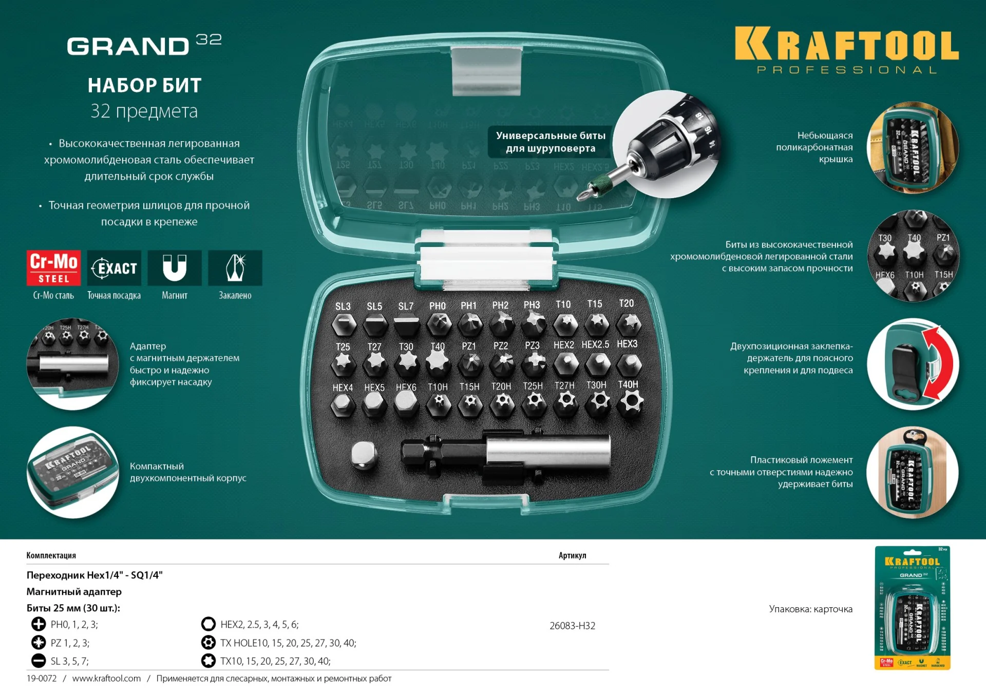 Набор бит KRAFTOOL Grand-32, с магнитным адаптером 32 шт (26083-H32)