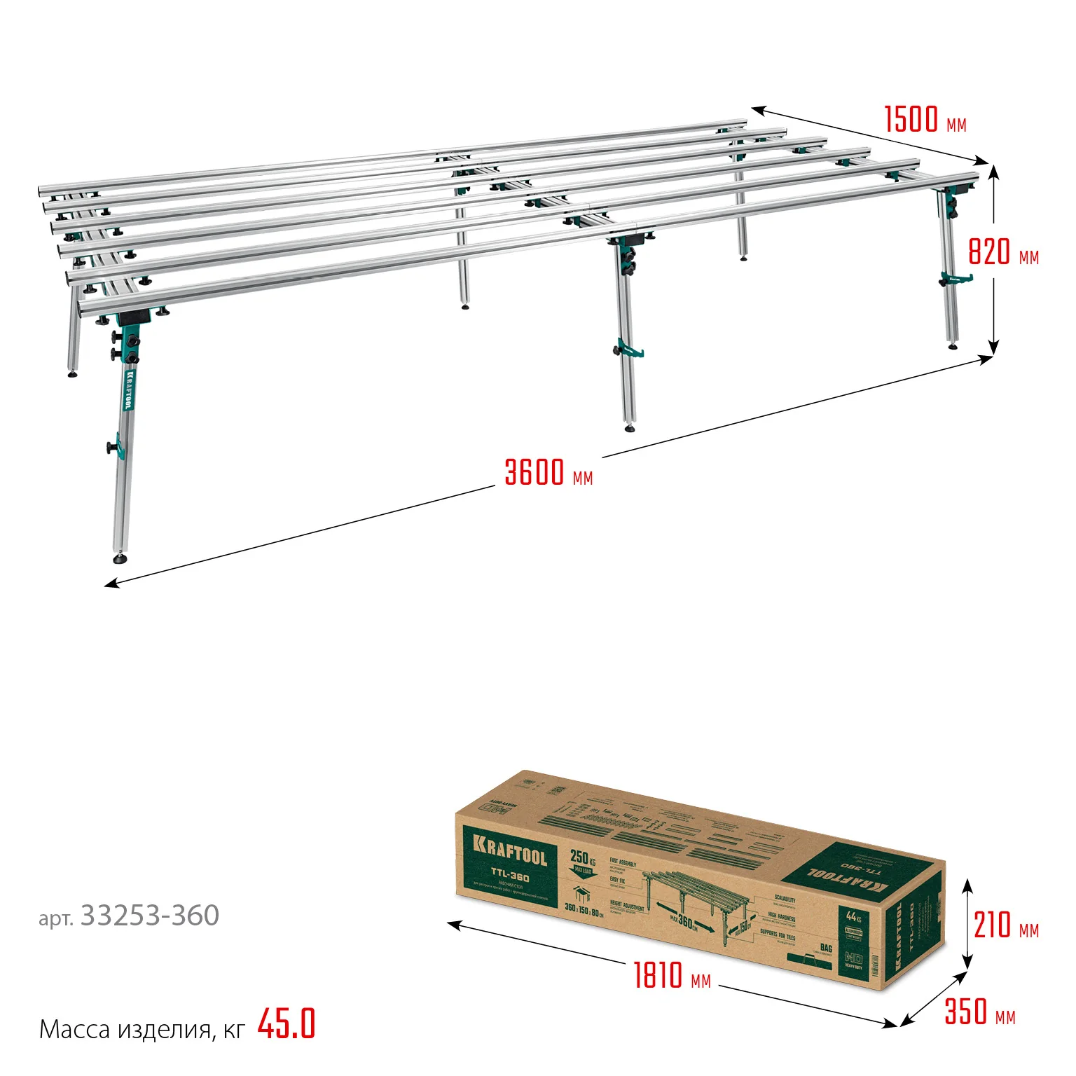 Стол для работ с крупноформатными листовыми материалами KRAFTOOL 360х150х70 см, макс 250 кг (33253-360)