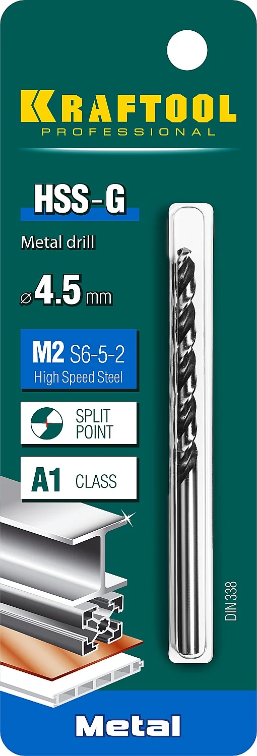 Сверло по металлу KRAFTOOL 29651-4.5 HSS-G, 4.5 х 80 мм, сталь P6M5