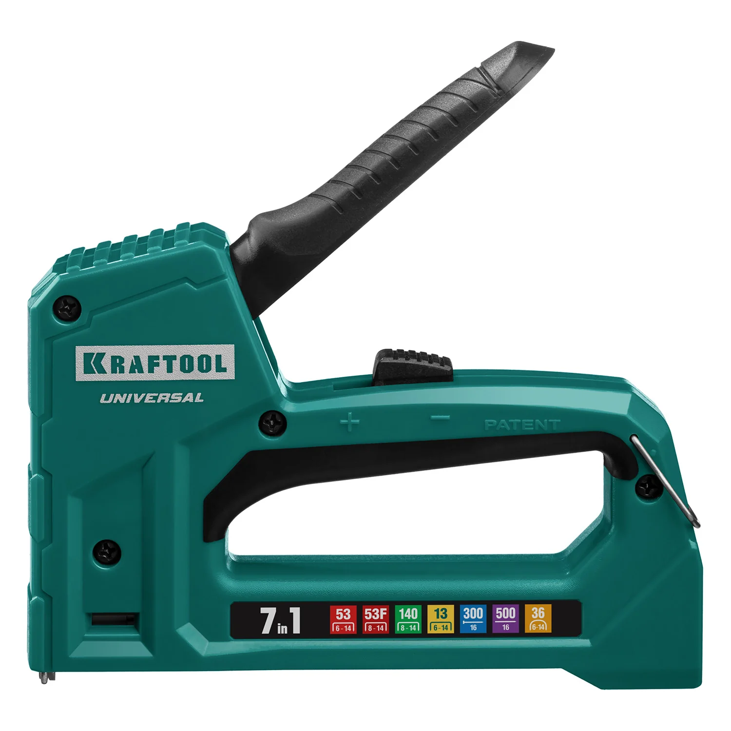 Степлер KRAFTOOL Universal, 7-в-1: 53 (A/10/JT21) 23GA (6 - 14 мм)/140 (G/11/57) 20GA (8 - 14 мм)/13/53F/36/500, унив