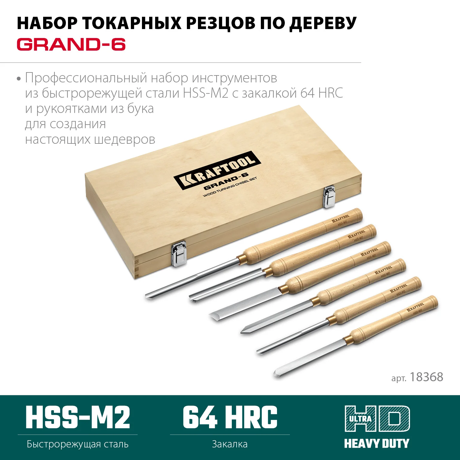 Набор токарных резцов по дереву KRAFTOOL Grand-6, 6 предм. (18368)