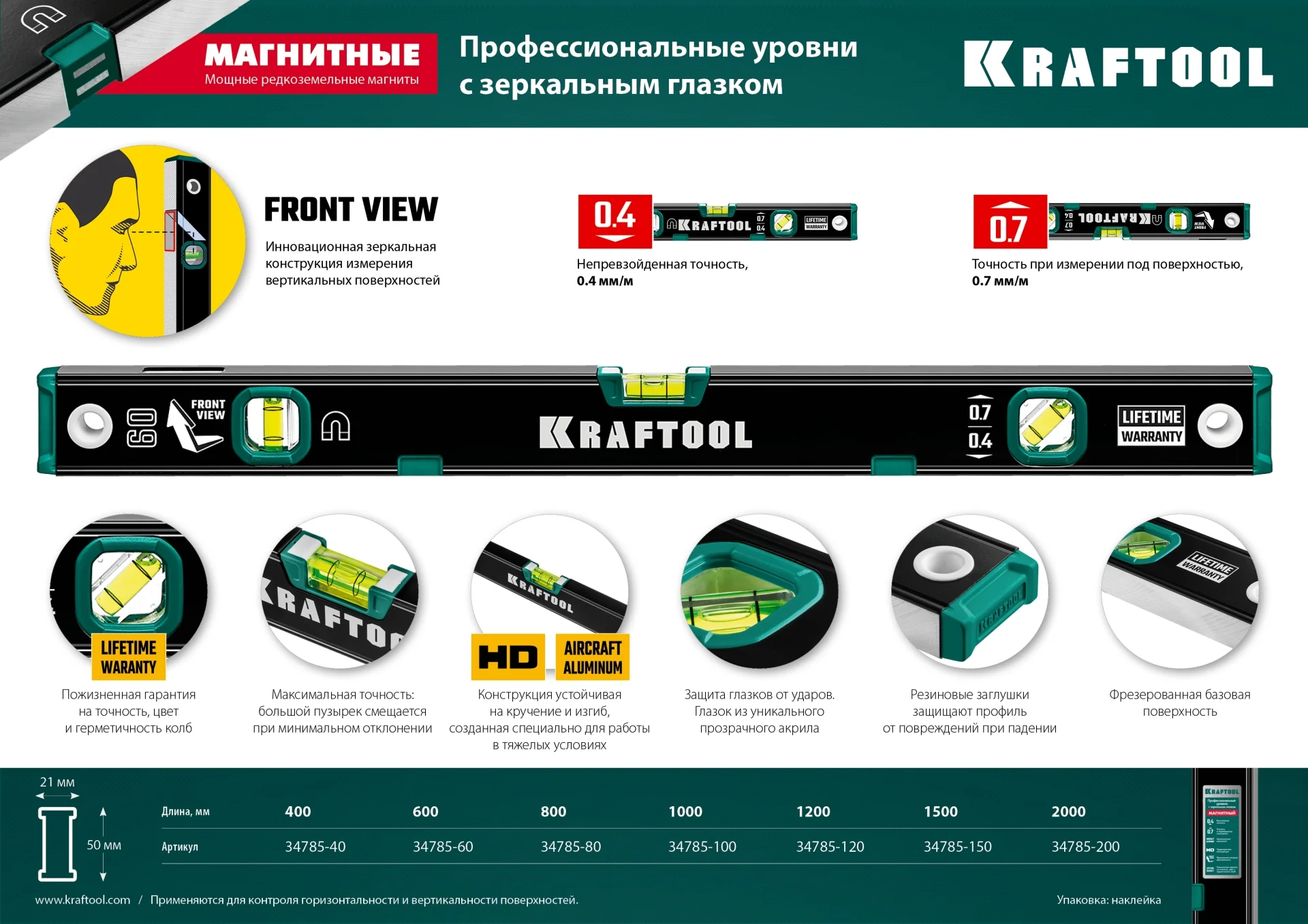 Уровень магнитный KRAFTOOL 1000 мм, усиленный профиль, с зеркальным глазком (34785-100)