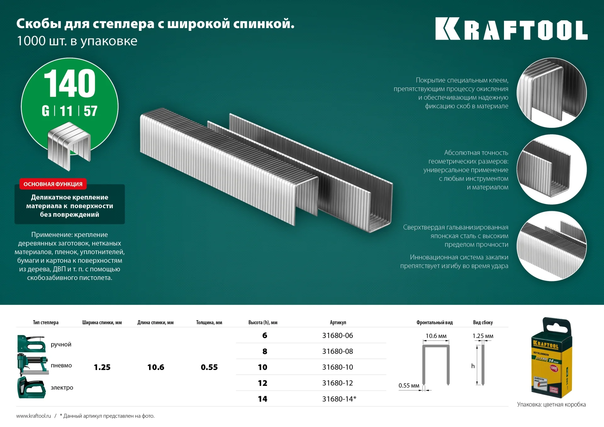 Скобы KRAFTOOL тип 140 (G/11/57), 14 мм, калибр 20GA, 1000 шт (31680-14)