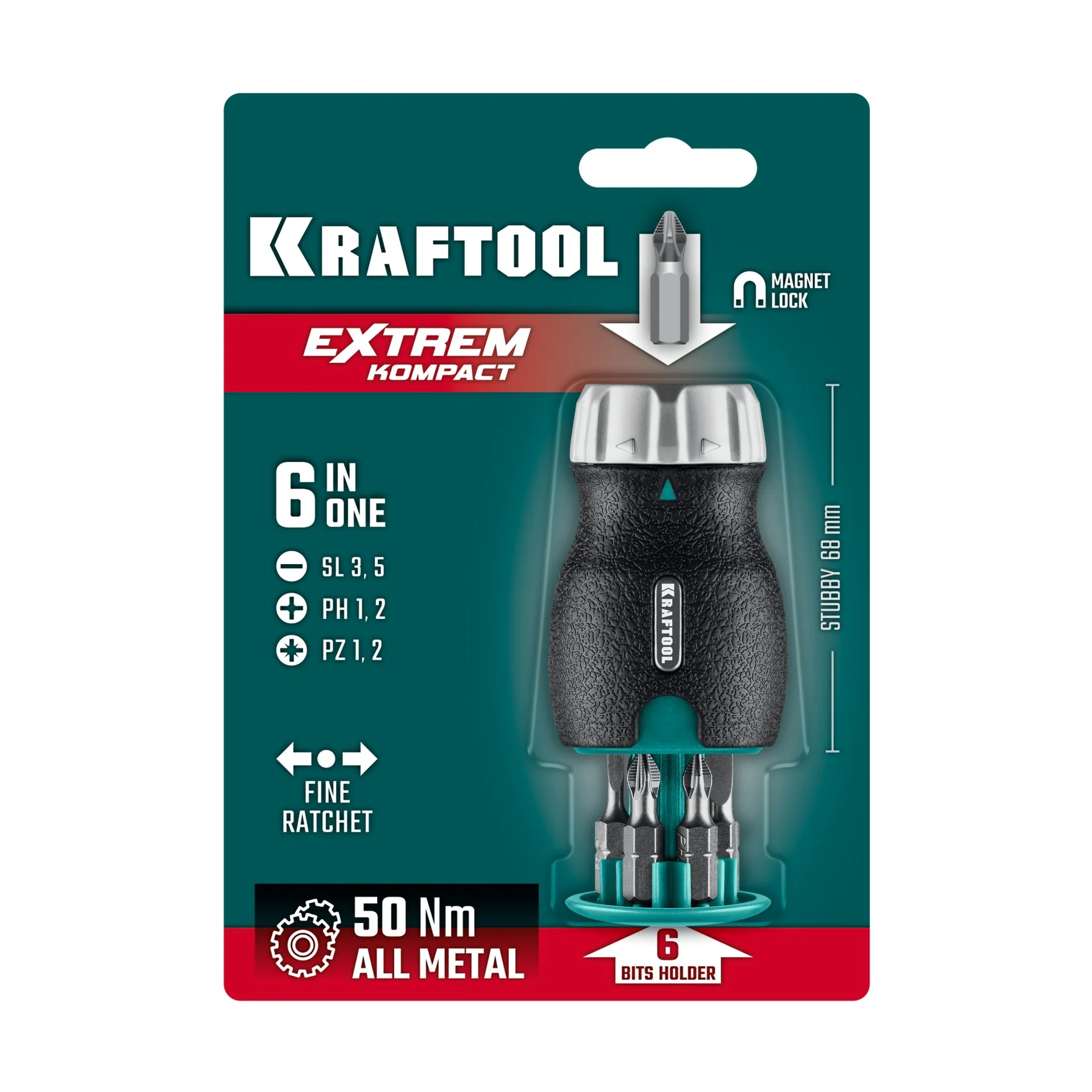 Набор: реверсивная отвертка с битами KRAFTOOL EXTREM Kompakt, 6 шт (25877)