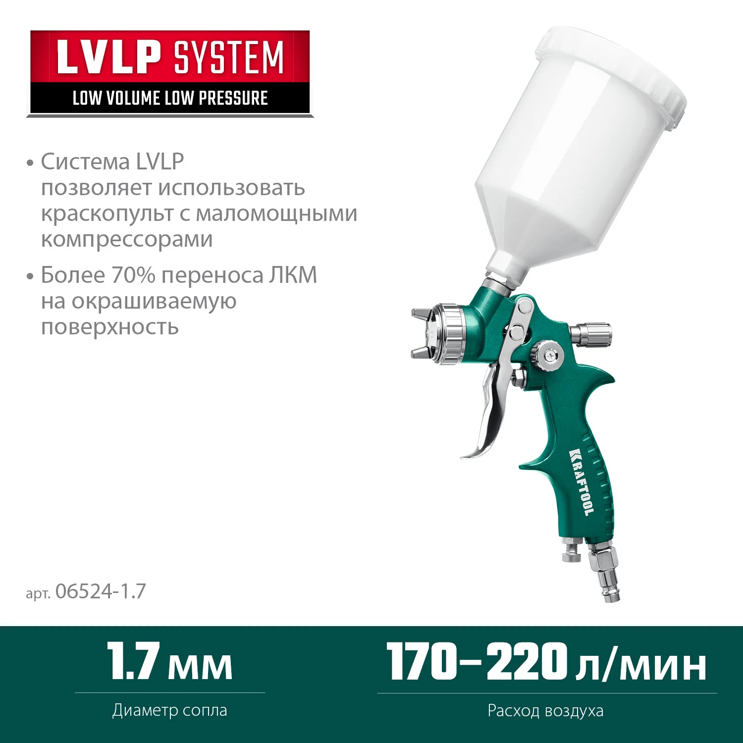 Пневматический краскопульт KRAFTOOL 06524-1.7 AirFlat, LVLP, 1.7 мм, с верхним бачком