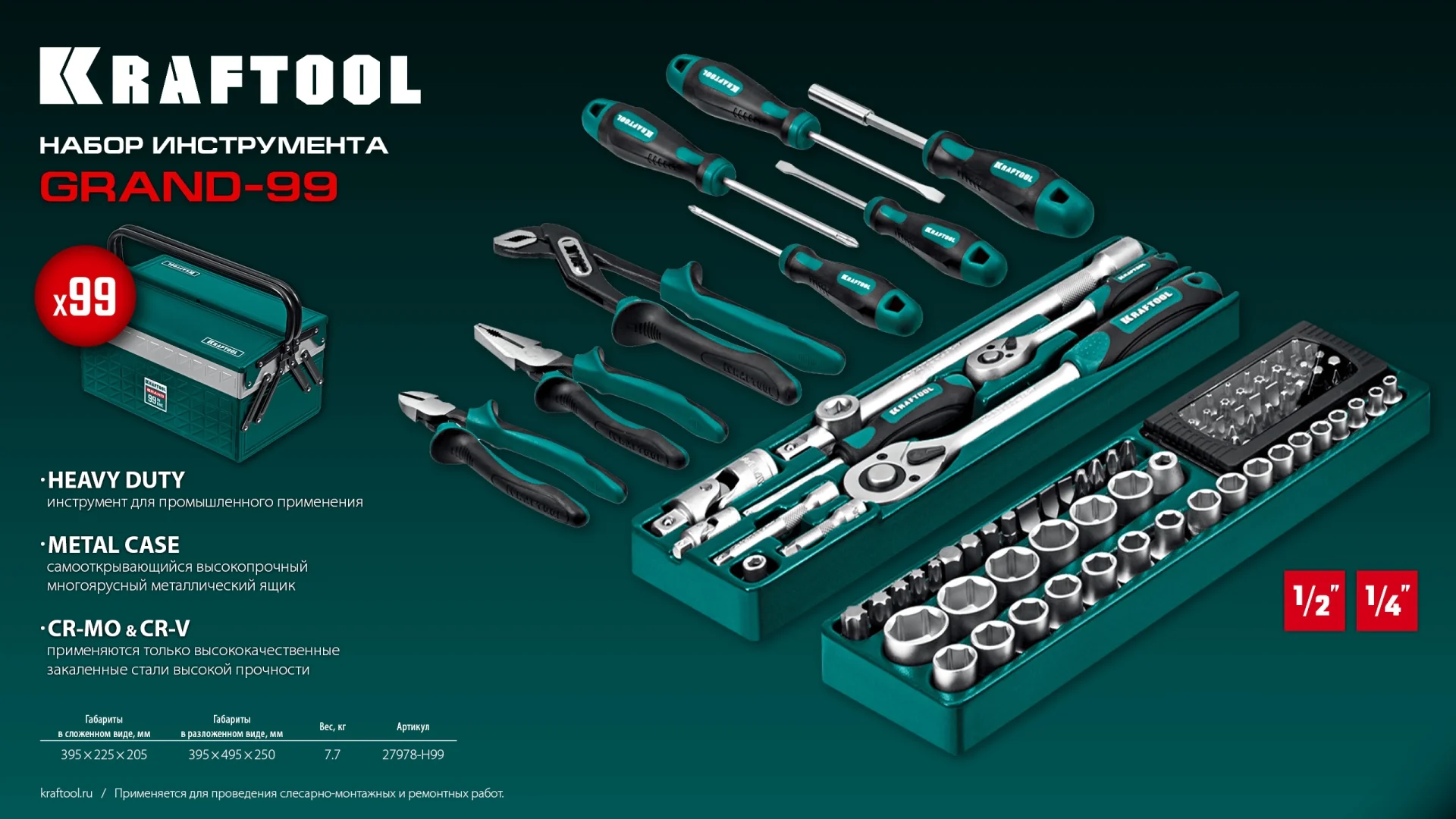 Универсальный набор инструмента KRAFTOOL GRAND-99, 99 предм., (1/2″+1/4″) (27978-H99)