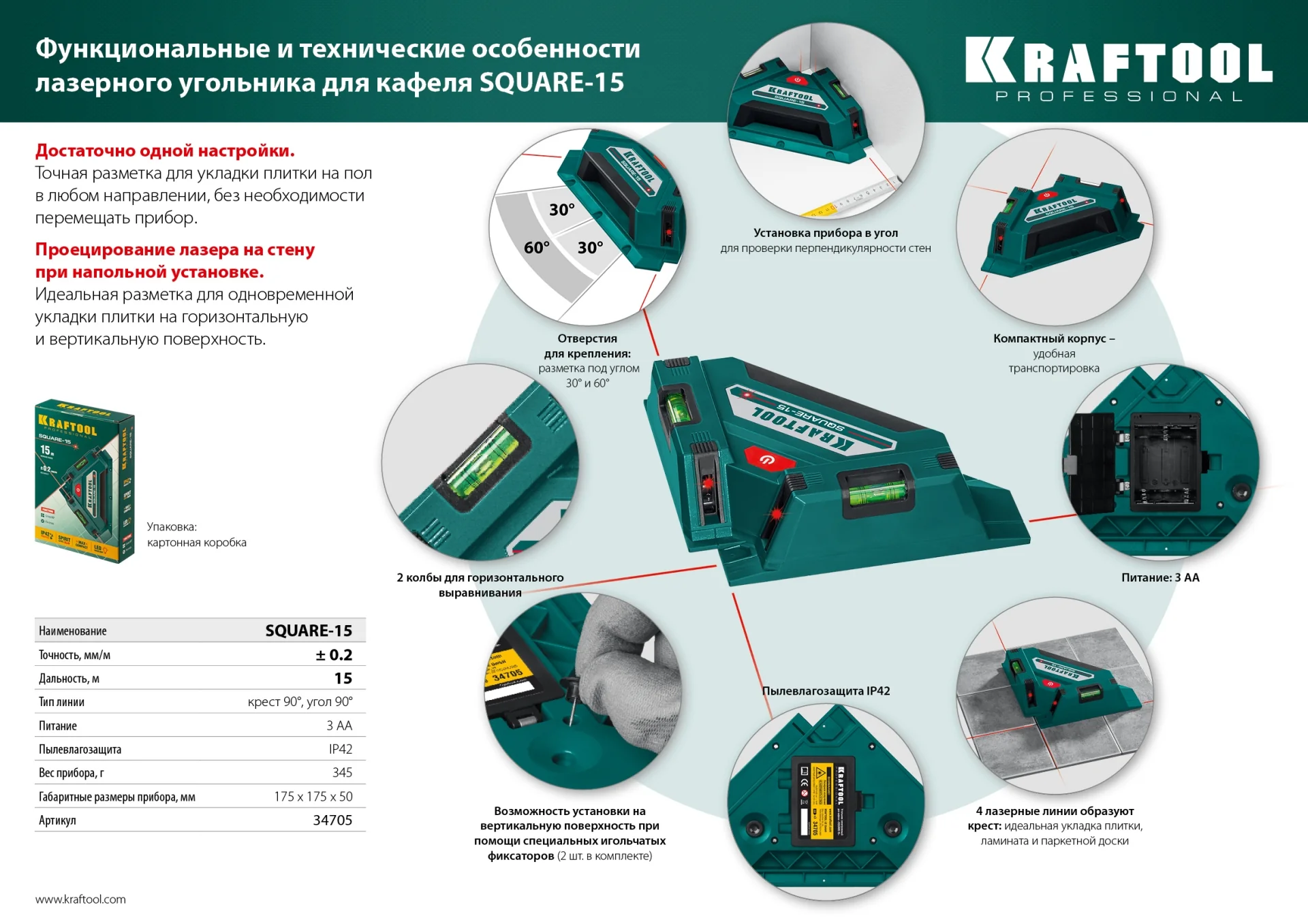 Угольник лазерный KRAFTOOL для кафеля (34705)
