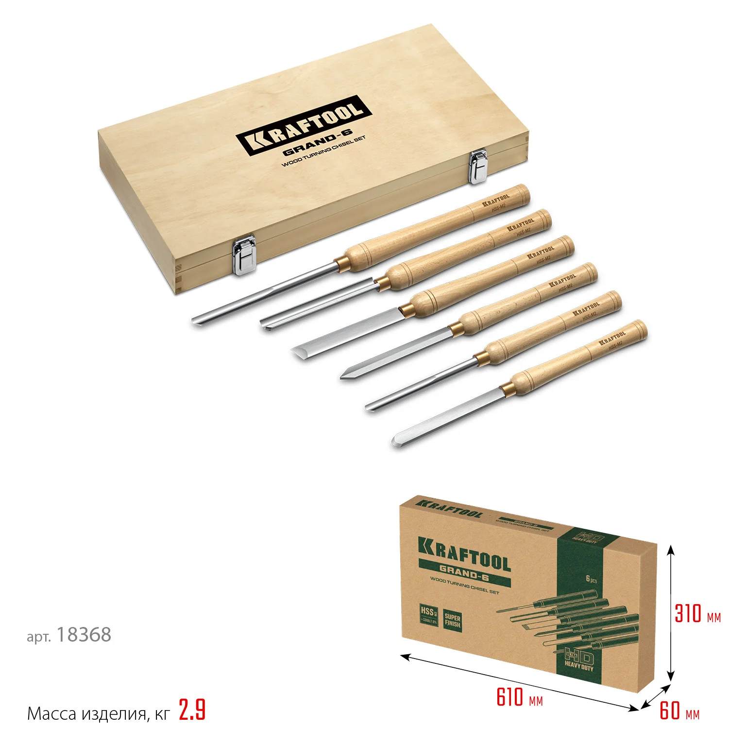 Набор токарных резцов по дереву KRAFTOOL Grand-6, 6 предм. (18368)