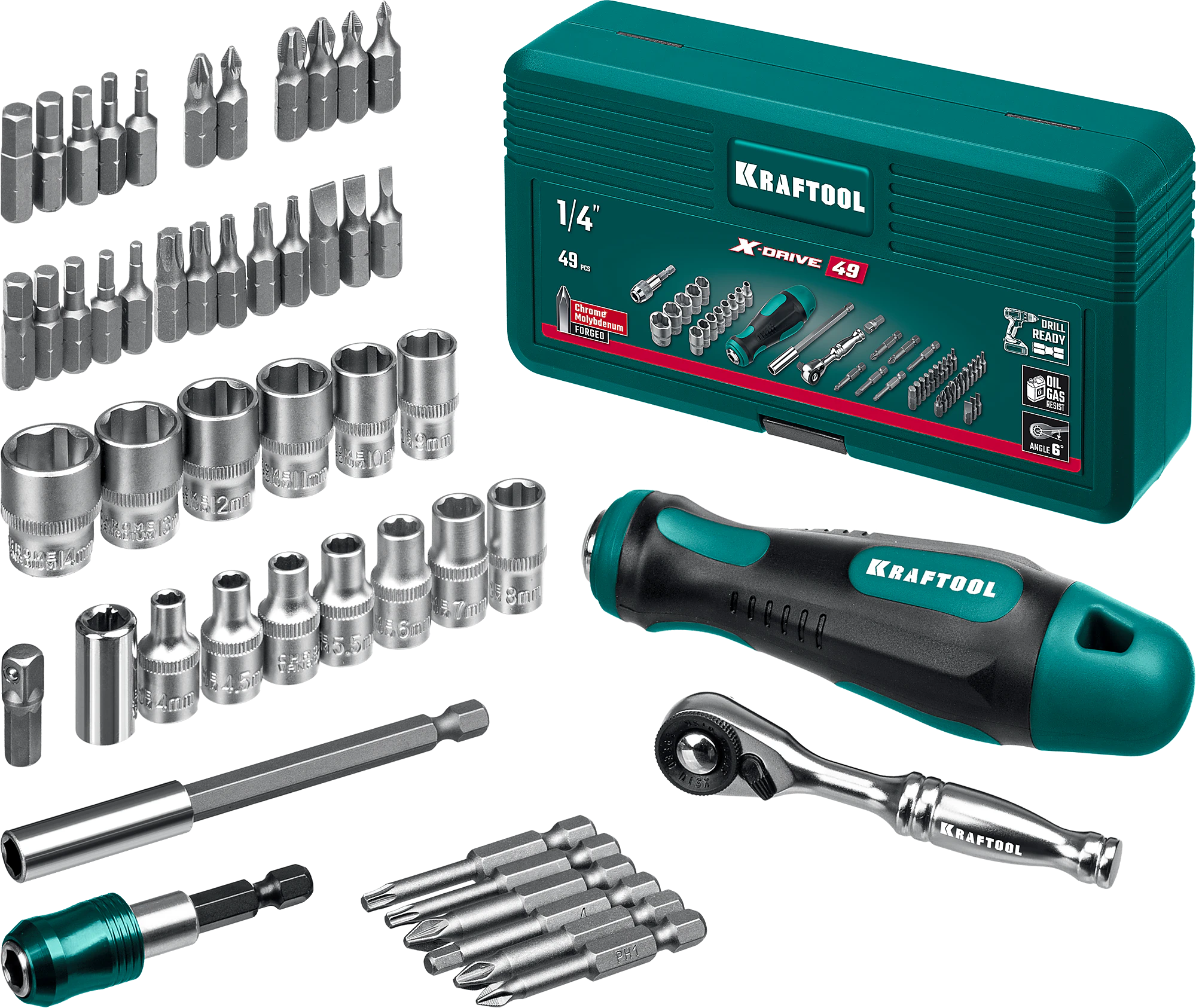 Набор бит и головок с битодержателем и трещоткой KRAFTOOL X-Drive-49, 49 шт (25816)
