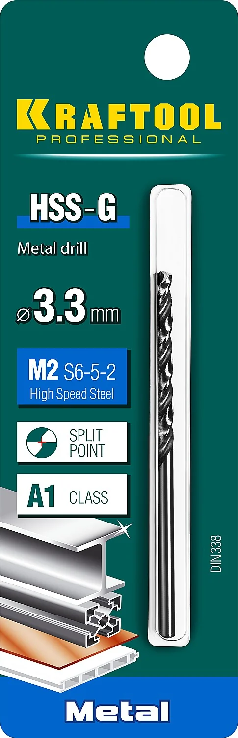 Сверло по металлу KRAFTOOL 29651-3.3 HSS-G, 3.3 х 65 мм, сталь P6M5