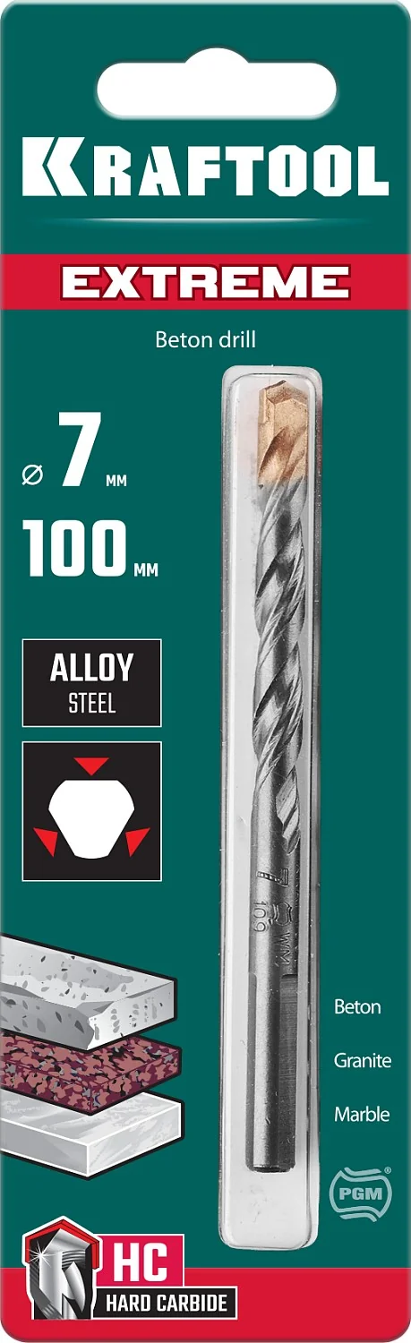 Сверло по бетону KRAFTOOL 29166-100-07 Extreme, 7 х 100 мм, трехгранный хвостовик