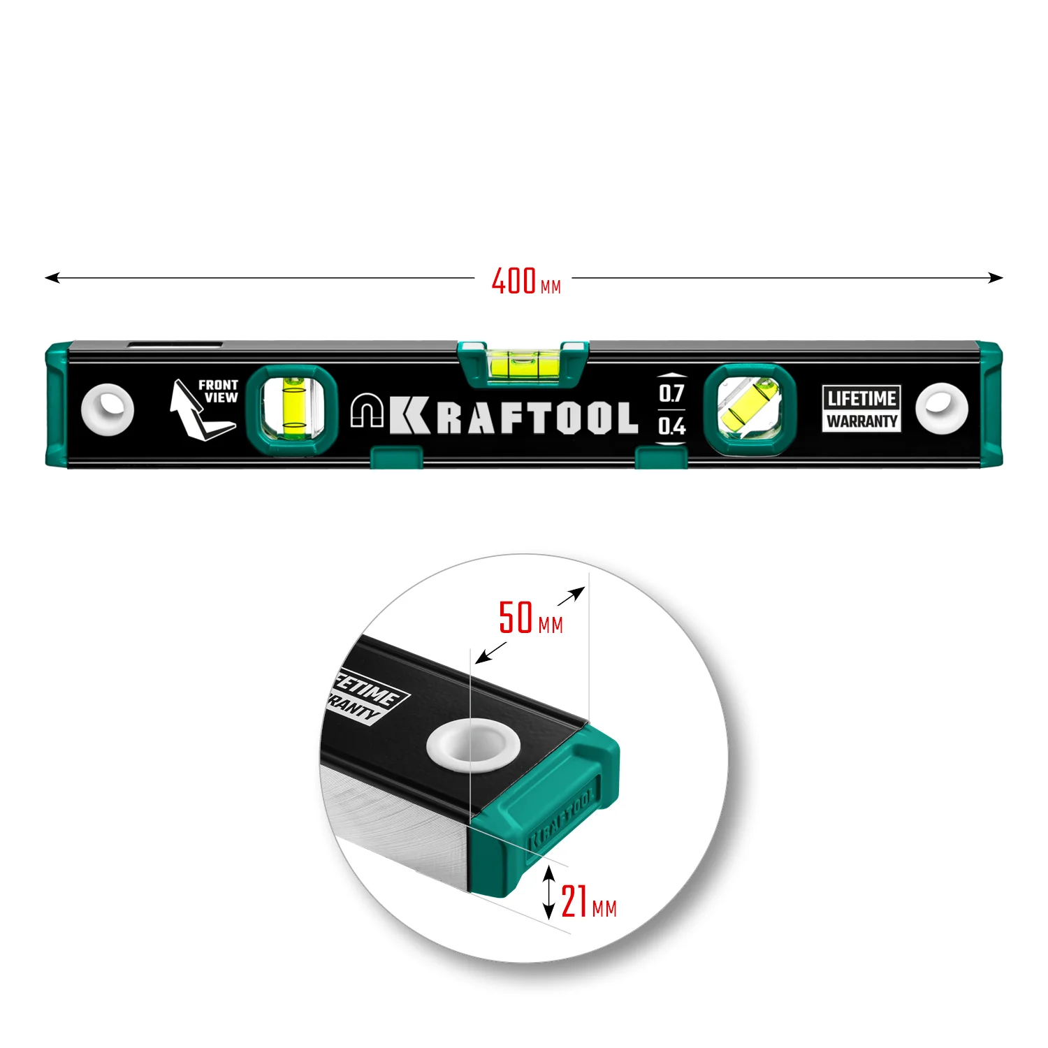 Уровень магнитный KRAFTOOL 400 мм, усиленный профиль, с зеркальным глазком (34785-40)