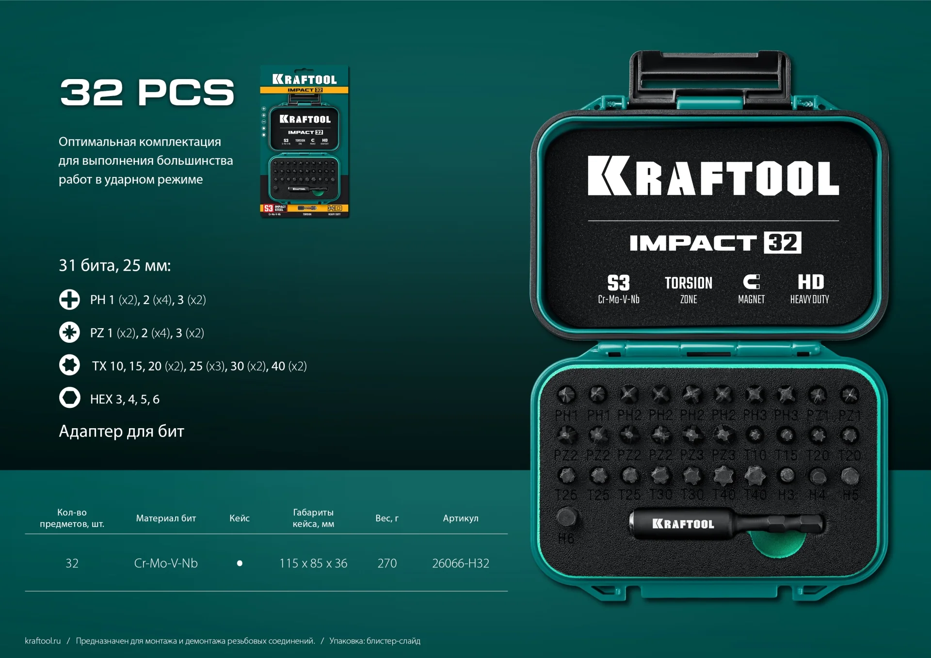 Набор ударных бит KRAFTOOL Impact-32, 32 шт (26066-H32)