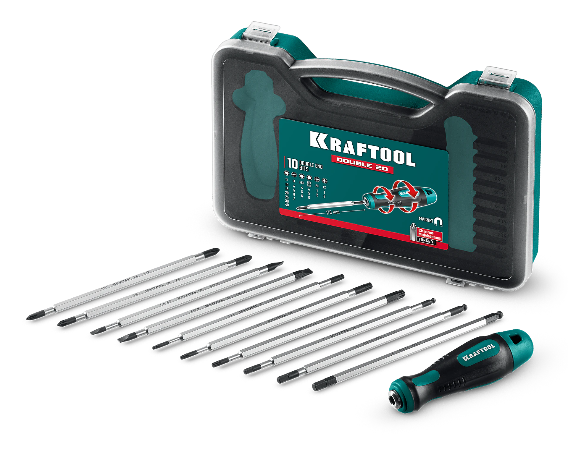 Набор: отвертка с переставными стержнями KRAFTOOL Double 20, 20 шт (25817)