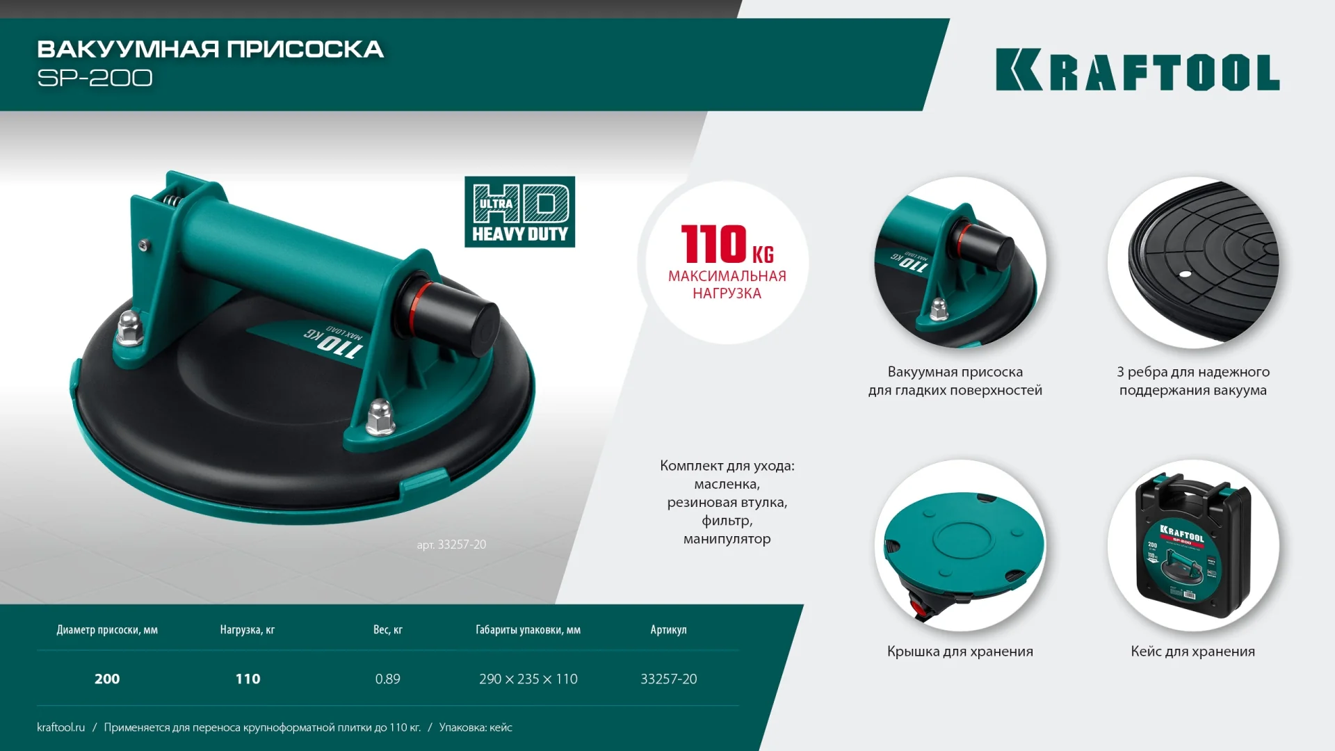 Присоска вакуумная KRAFTOOL 110 кг, 200 мм (33257-20)