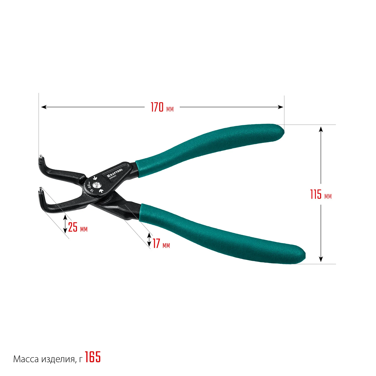 Съемник стопорных колец KRAFTOOL 180 мм, изогнутые губки, внутренний (22812-2)
