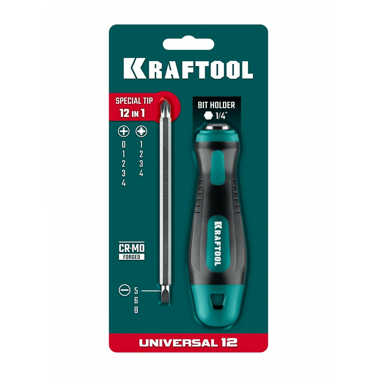 Универсальная переставная отвертка с двусторонним стержнем KRAFTOOL Universal-12, PH 0-1-2-3-4, PZ 1-2-3-4, SL 5, 6, 8 мм, 12-в-1 (26168)