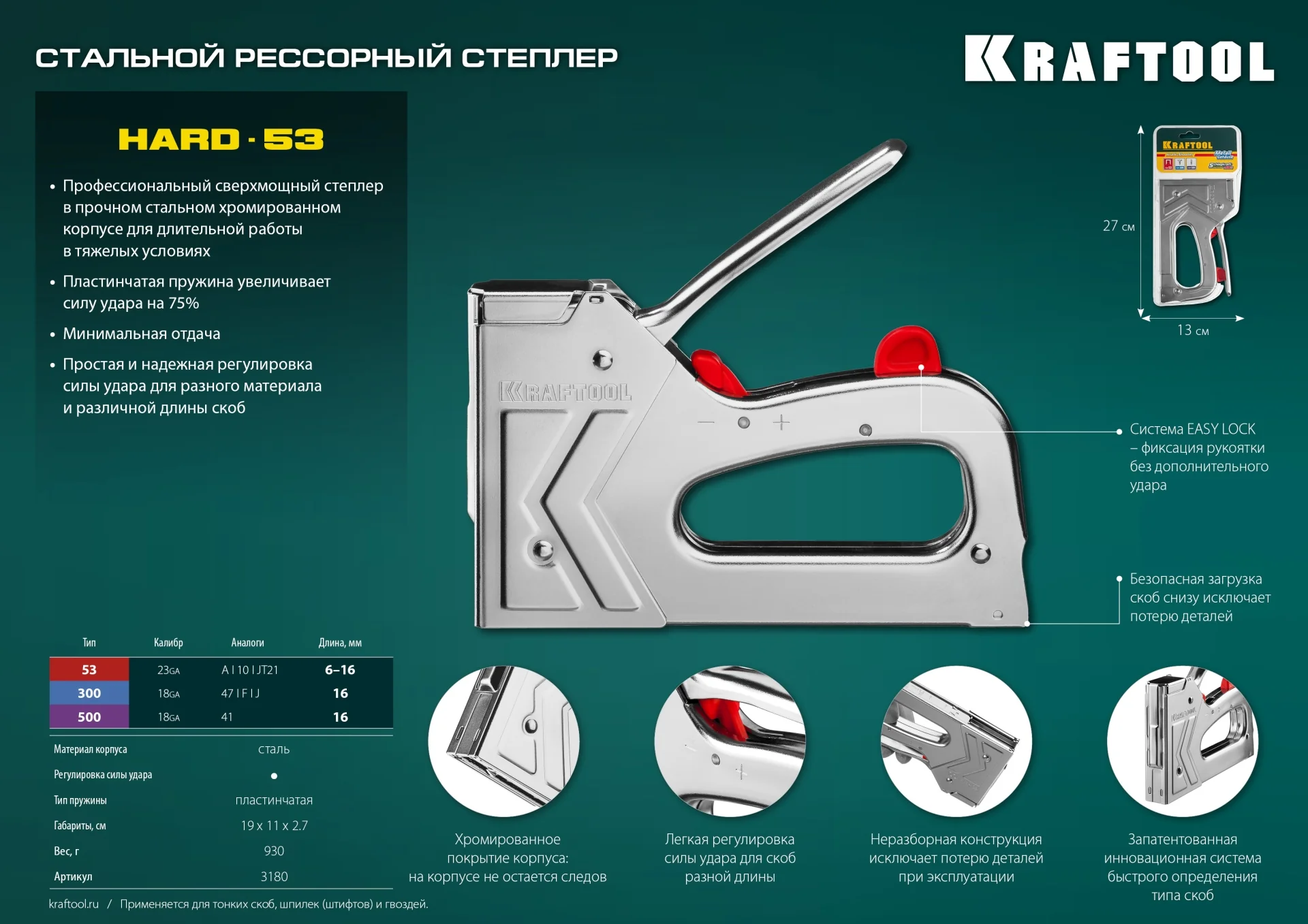 Степлер KRAFTOOL EXTREM 53, тип 53 (A/10/JT21) 23GA (6 - 16 мм)/300/500, стальной рессорный (3180)