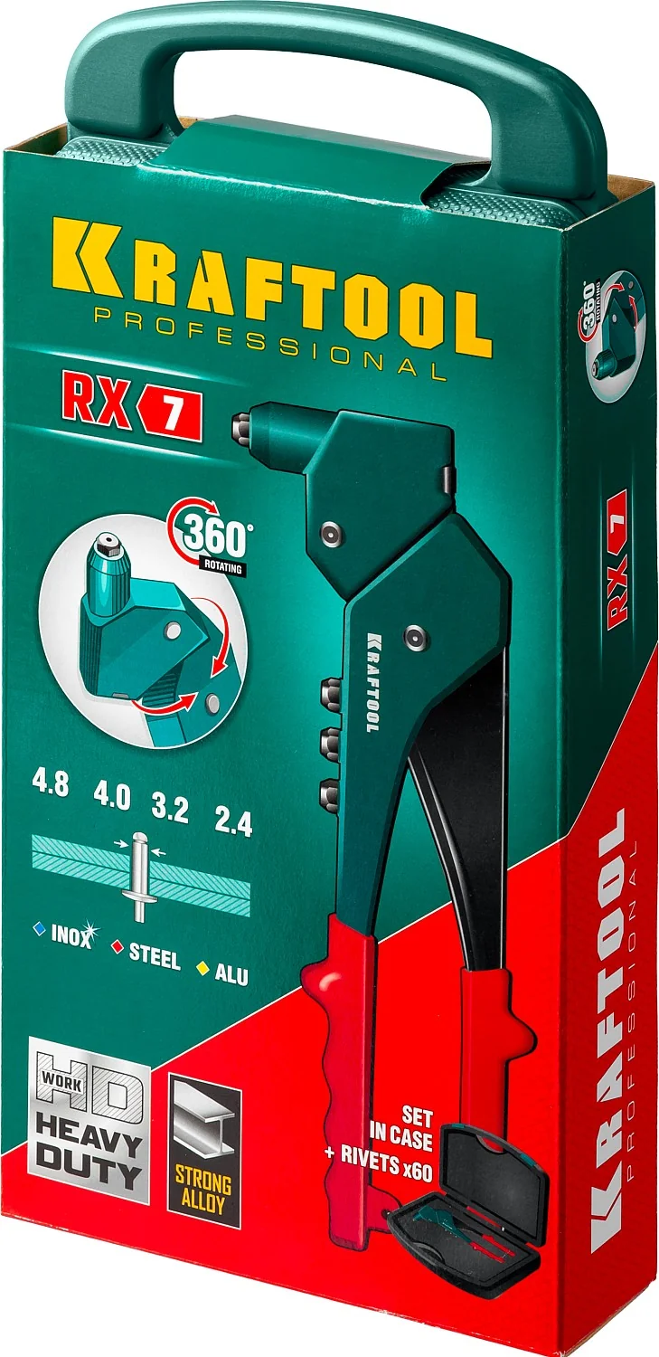 Заклепочник литой поворотный KRAFTOOL 360°, 2.4 - 4.8 мм, в кейсе (31176-H6)