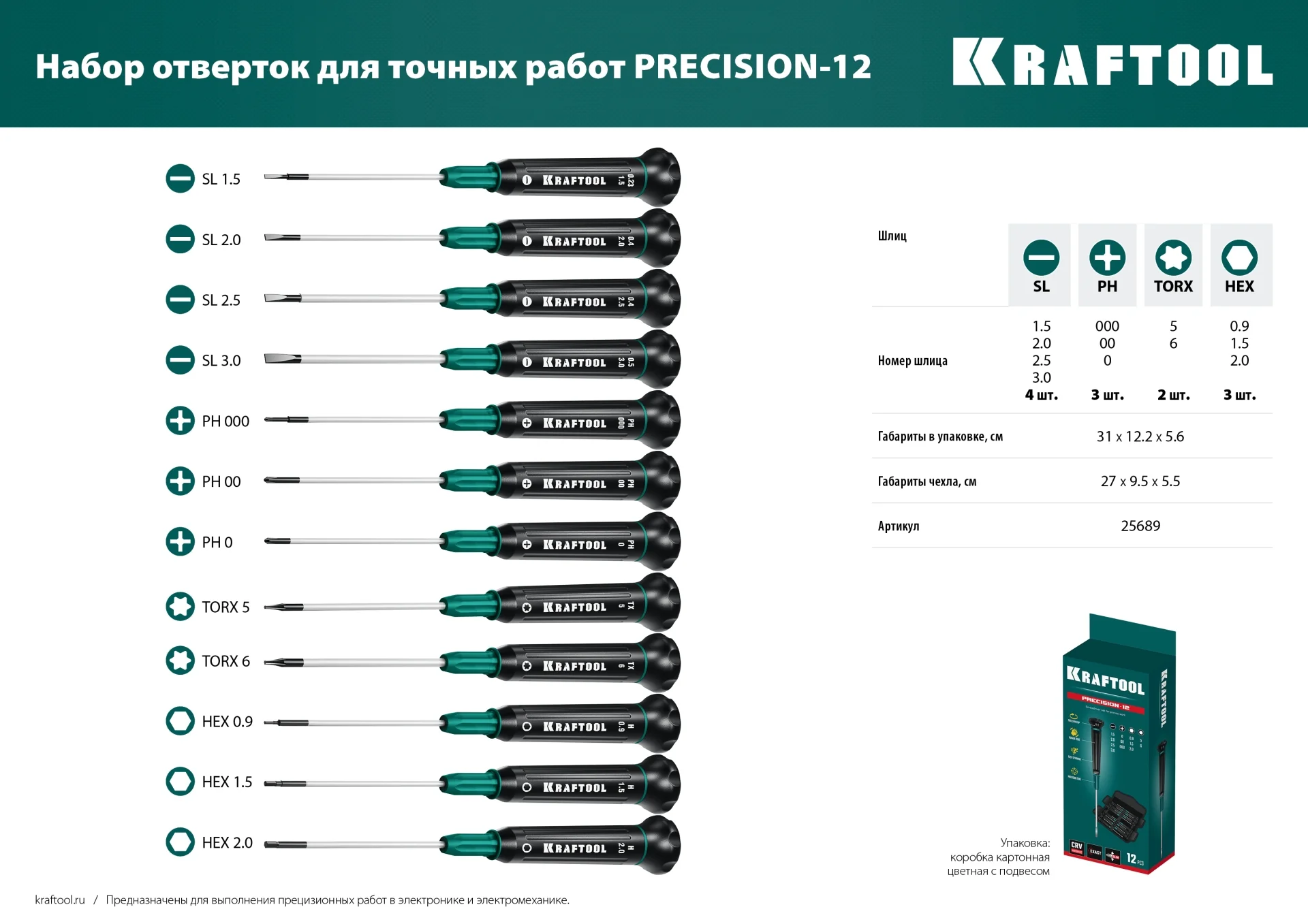 Набор отверток для точных работ KRAFTOOL Precision-12, 12 предм. (25689)
