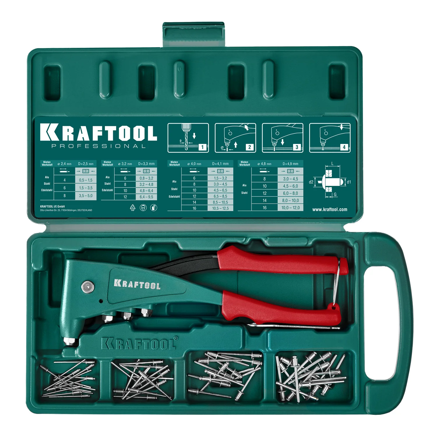 Заклепочник литой KRAFTOOL 2.4 - 4.8 мм, удержание заклепки (31173)