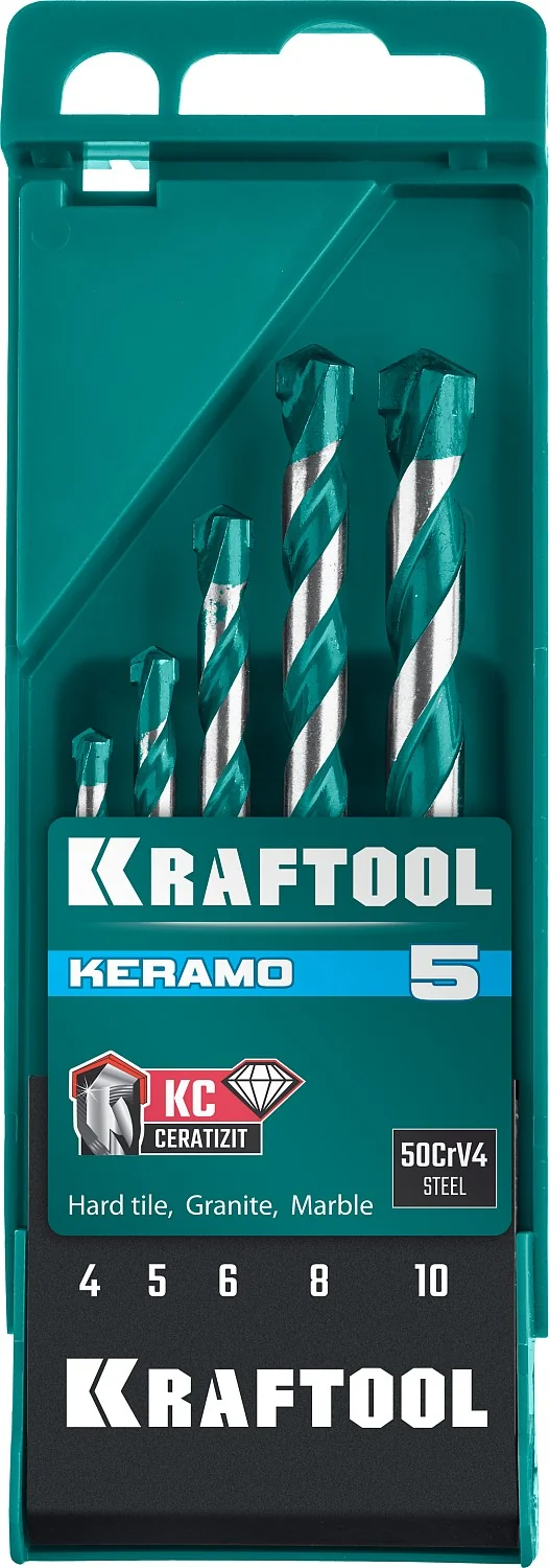 Набор сверл по керамограниту KRAFTOOL 29175-H5 Keramo, 5 шт: 4-5-6-8-10 мм с твердосплавной пластиной