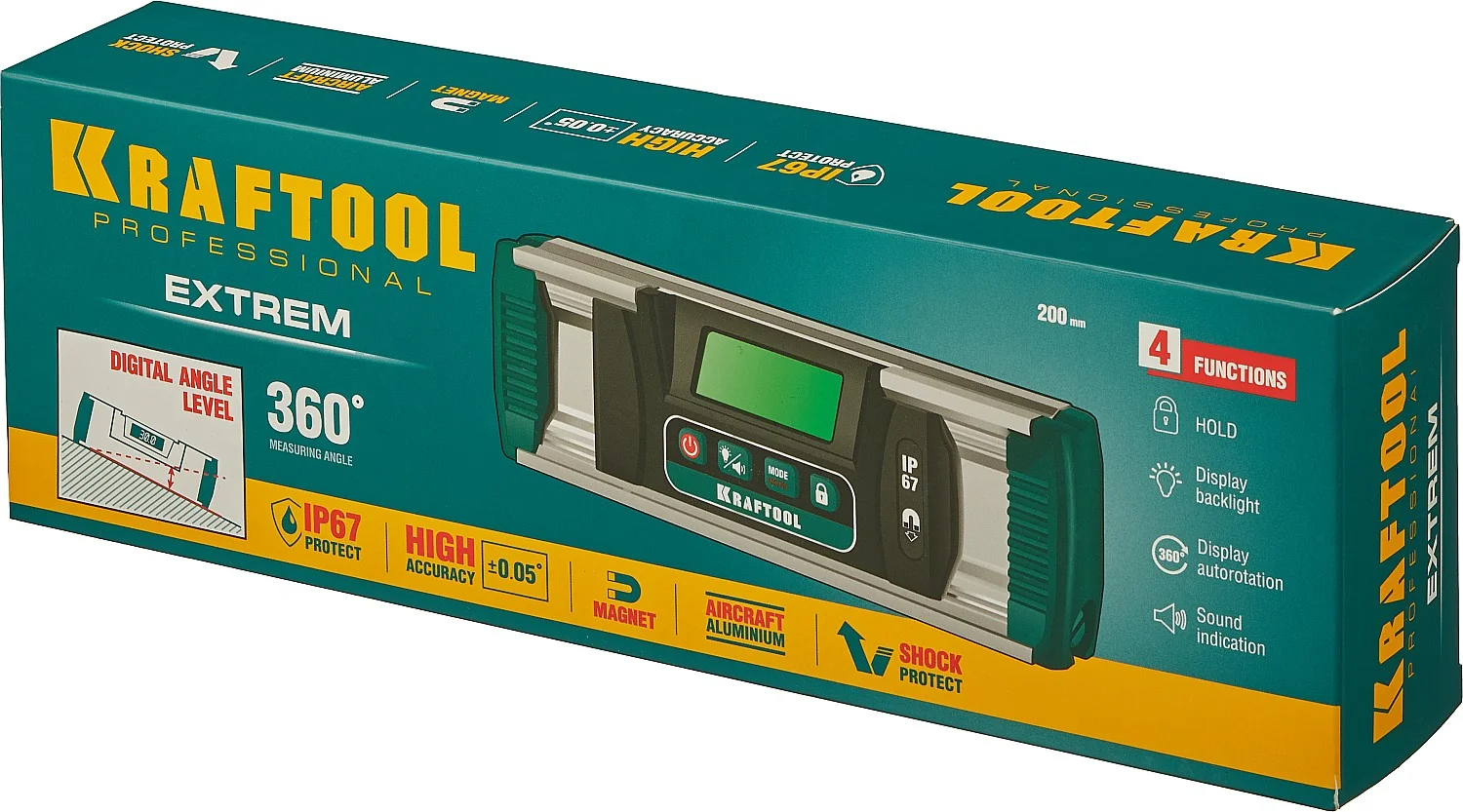Уровень-уклономер электронный KRAFTOOL 0 - 360°, точность 0.05°, HOLD, IP67 (34686)