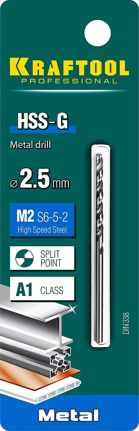 Сверло по металлу KRAFTOOL 29651-2.5 HSS-G, 2.5 х 57 мм, сталь P6M5